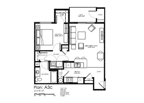 A black and white image of a floor plan labeled Plan A3c.